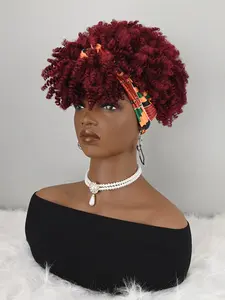 Burgundy Curly Wig with African Print Headwrap, Synthetic Hair, Synthetic Fiber Wigs, Easy Wear Turban Style, All Seasons, Coily Texture, Afro Wigs