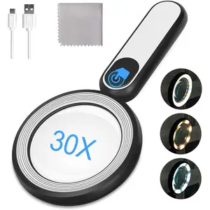Rechargeable Magnifying Glass with Light, 30X 4.7IN Handheld Large Lightweight Lighted Magnifying Lens 21 LED 3 Modes Illuminated Magnifier for Seniors Reading Inspection Coin Jewelry Christmas Gift