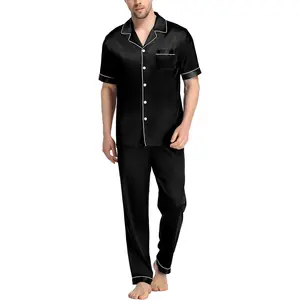 Mens Satin Silky Pajama Set Short Sleeve Classic Sleepwear Button Down Loungewear with Long Pants