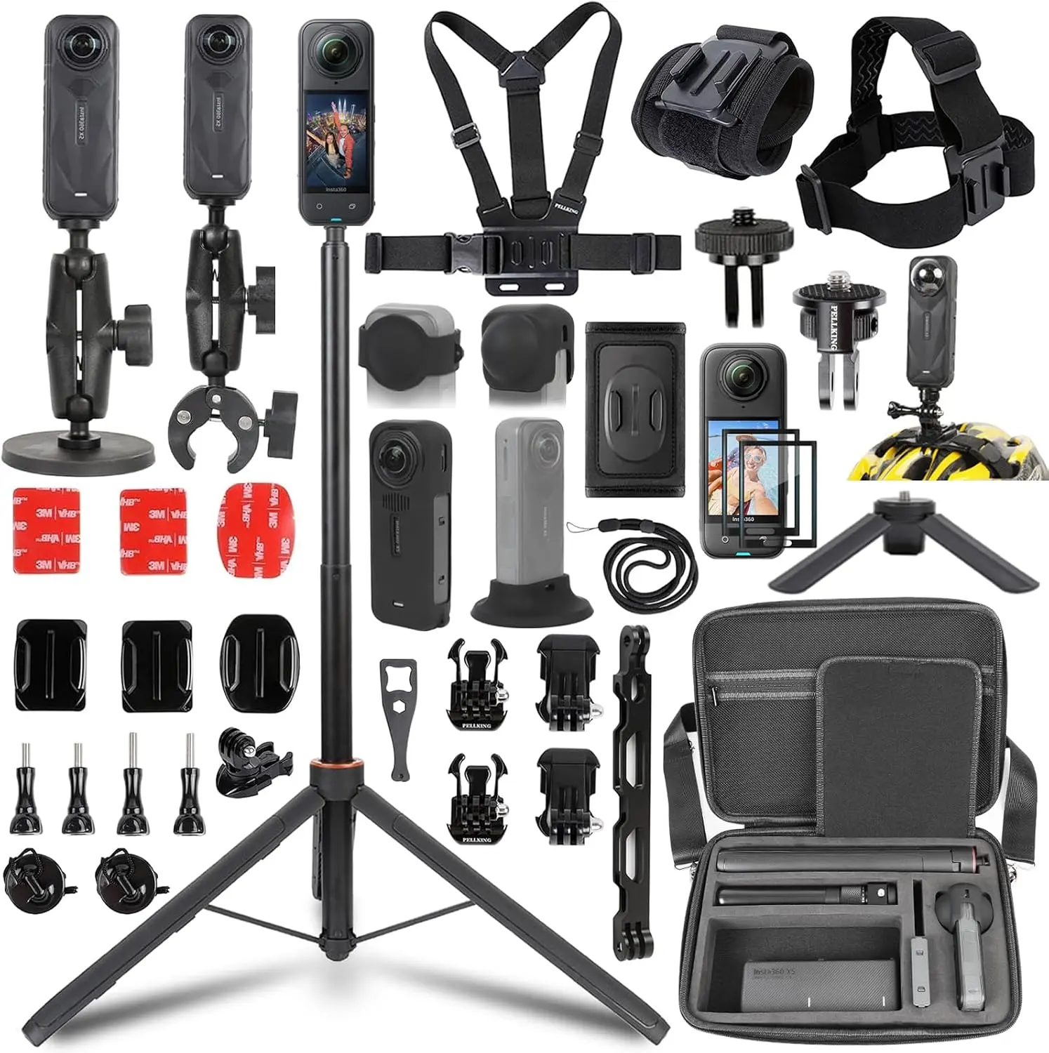 PellKing Full Accessory Kit for Insta360 X5 (for X5 Users) - Splash Resistant, Includes Carrying Case with Belt, 135cm Selfie Stick Tripod, Aluminum Handlebar Clamp, 2 Metal 1/4 Inch Adapters, Magnetic Mount, 4 Body Strap Mounts, Screen Protector & More,,