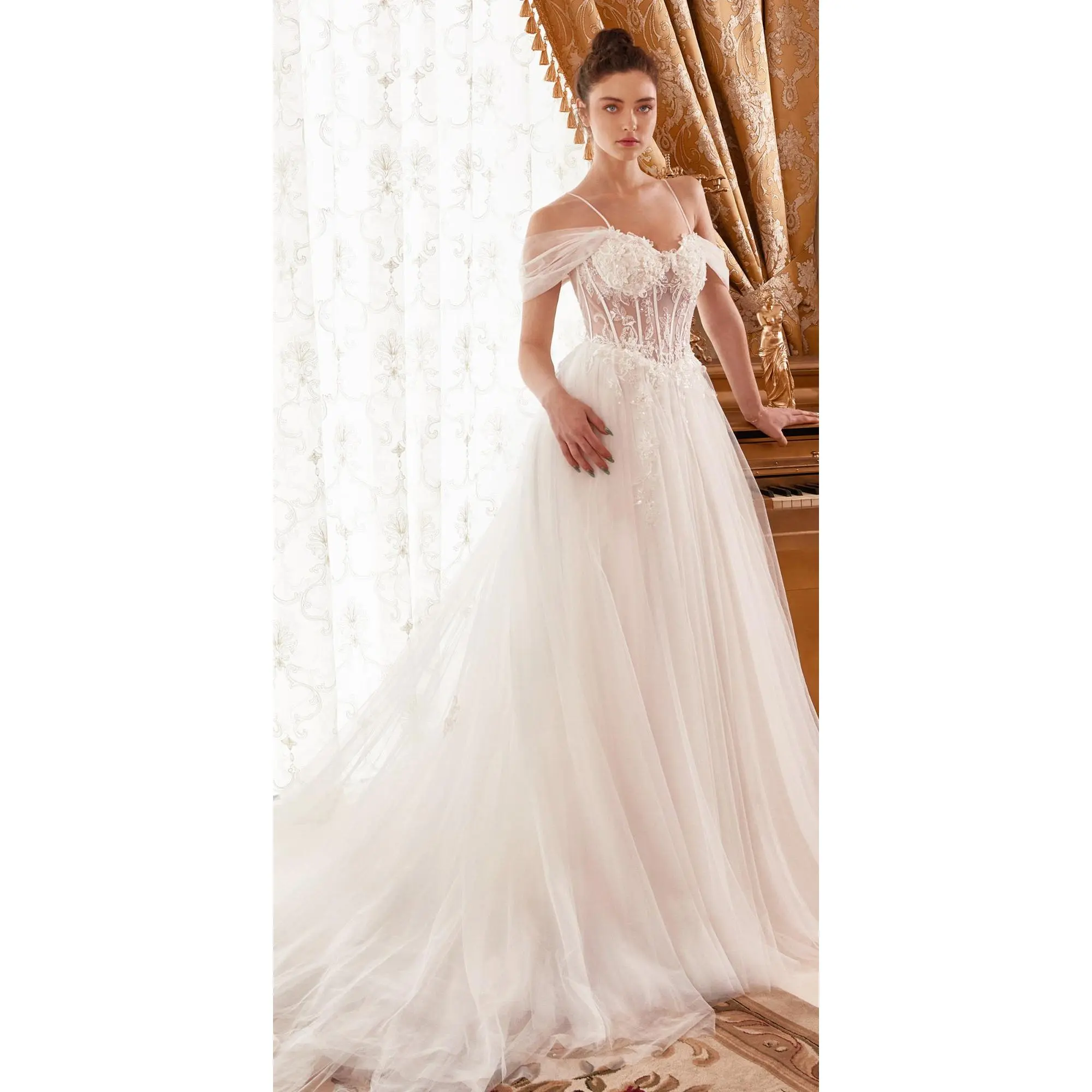 Ladivine WN307 Women's Beaded Sweetheart Corset Bodice Bridal Evening Gown - Sleeveless Cold Shoulder A-Line, Embroidered Florals, Layered Tulle, Sheer Panels, Adjustable Straps, Back Zipper, Sweep Train, All Seasons, Junior Sizes Formal Wedding Dress