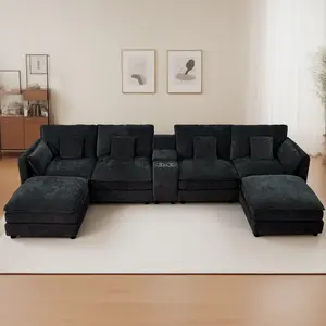U Shaped Sectional Cloud Couch for Living Room, 144" Comfy Fluffy Modular Sofa with Movable Ottoman Modern Chenille 6 Seat Sectional Sofa Set with Storage Box, Cup Holders