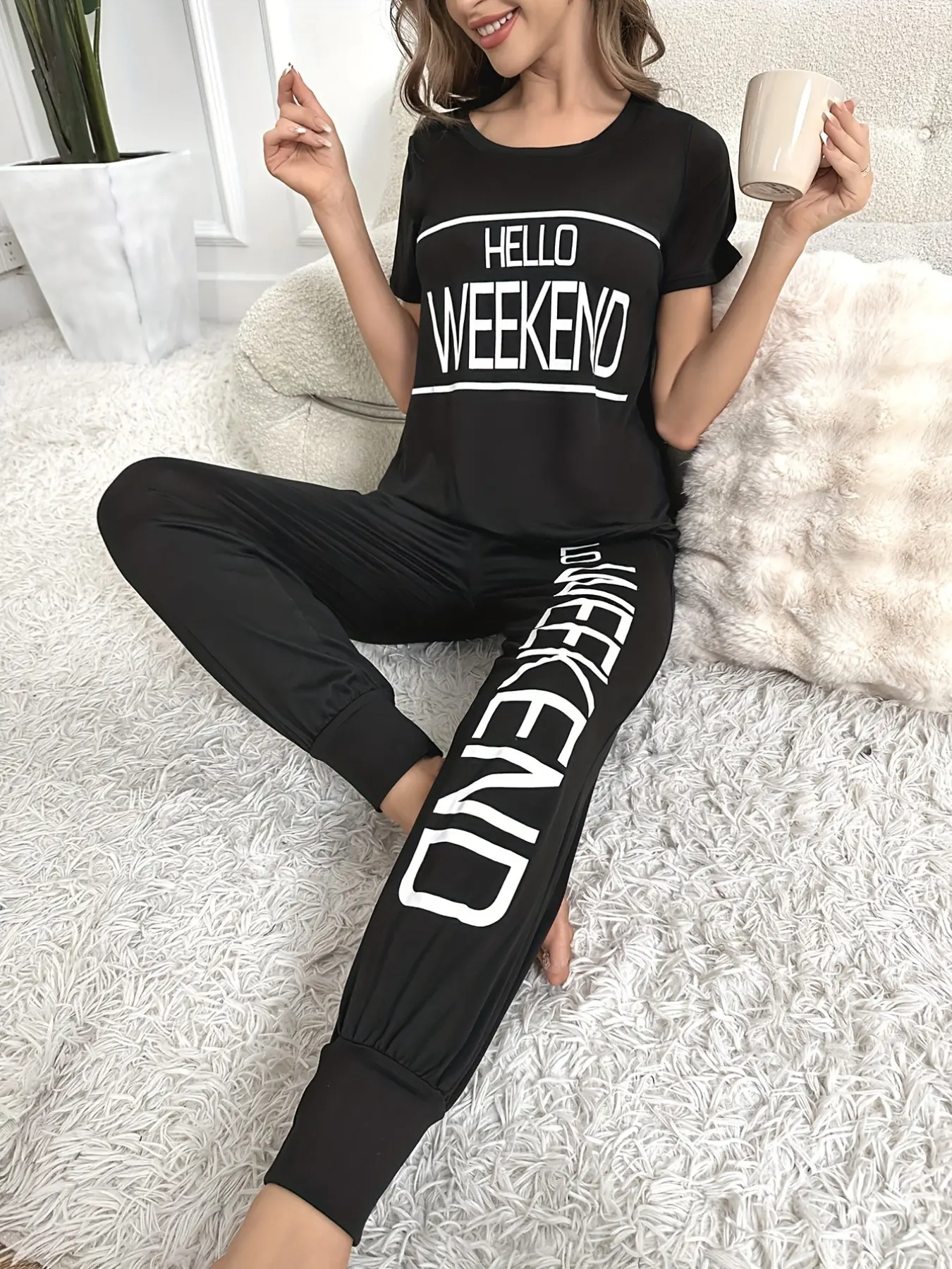 "Hello Weekend" Letter Print Tee & Joggers Pajama Set, Casual Short Sleeve Top and Sweatpants 2-Piece Set, Soft Lounge Wear for Women