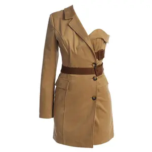 Beige One Shoulder Suede Blazer Dress