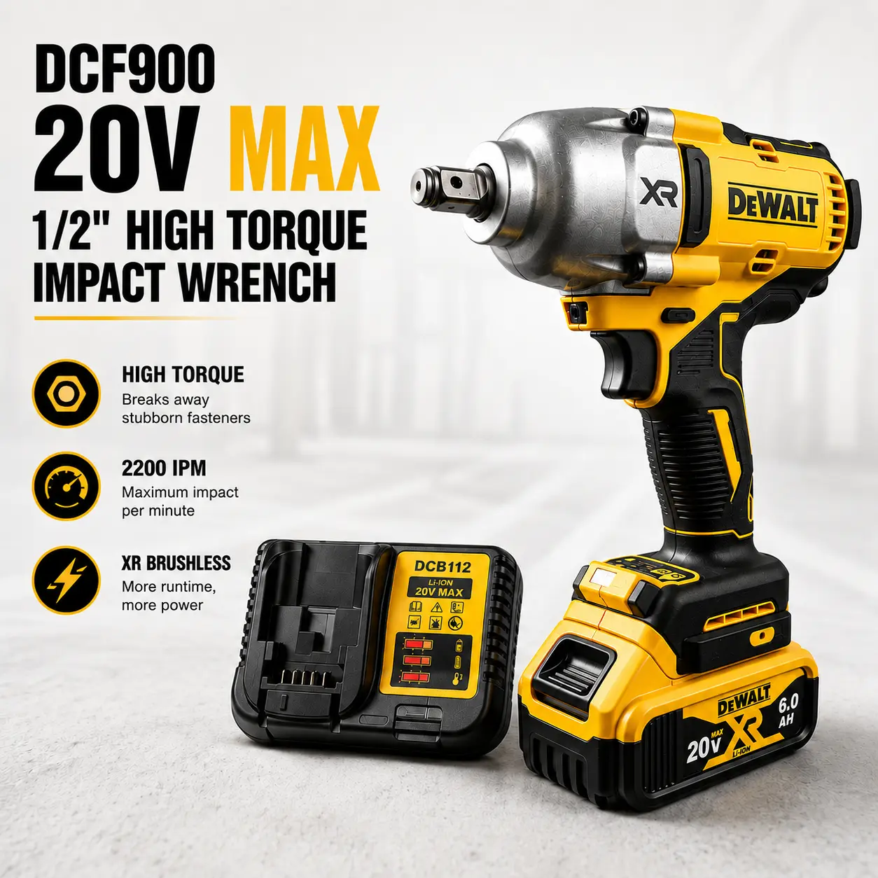 DEWALT DCF900 20V Max XR Cordless 1/2" Impact Wrench, Multi-Speed, 6.0Ah Lithium-Ion for Auto Repair & Industrial Use