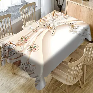 [Vintage Floral Tablecloth] Vintage Floral Tablecloth - 1pc Washable Polyester with Golden Accents & Black Beads | Rectangular Design for Picnics, Weddings, Birthdays, Christmas Home Decor | Durable Table Cover, Picnic Table Covering, Tablecloth Decor