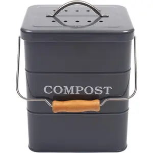 Compost Bin Kitchen Countertop Indoor Compost Pail Bucket, Great for Food Scraps, Carbon Steel, Handles, Gray, 1 Gallon - Includes Charcoal Filter