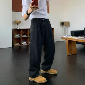 Men's Oversized Balloon Jeans Single Set - Vintage Wide Leg with Adjustable Waist Buttons & Pleated Front Details