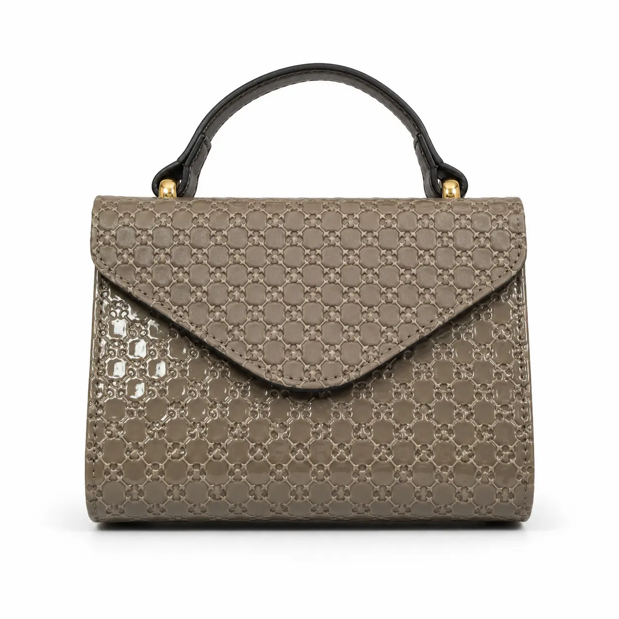 Women’s Elegant Lightweight PU Leather Taupe Gray Structured Satchel Handbag - Stylish Accessories, Embossed Glossy Geometric Texture, Envelope Flap, Gold-Tone Top Handle, Hardware for Business, Brunch