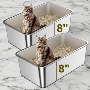 Zarler 2 Pack 6" 8” Extra Deep Odor Free Easy Clean Long Lasting Modern Stainless Steel Litter Box Cats Durable Scratch-free Not stick Cat Toilet Pet Supplies Animal Litter Pan Basin for Big Cats