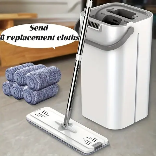 Hands-free Flat Dust Mop With Bucket - Wet And Dry Cleaning, Perfect For Bedroom, Kitchen, Living Room, Bathroom - Durable Plastic Household Floor Mop Tool