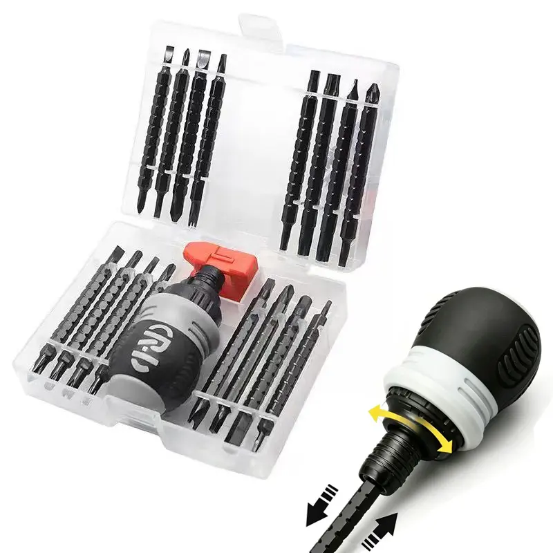 32-in-1 Ratcheting Telescopic Bits Screwdriver Set - CR-V Hardened Steel, Magnetic Tips, Dual-Purpose Interchangeable Bits, 9.5cm-11cm Extendable Length, Built-in Magnetizer-Demagnetizer - for HVAC, Appliance Maintenance, Auto & Bike Repair Hand Tool