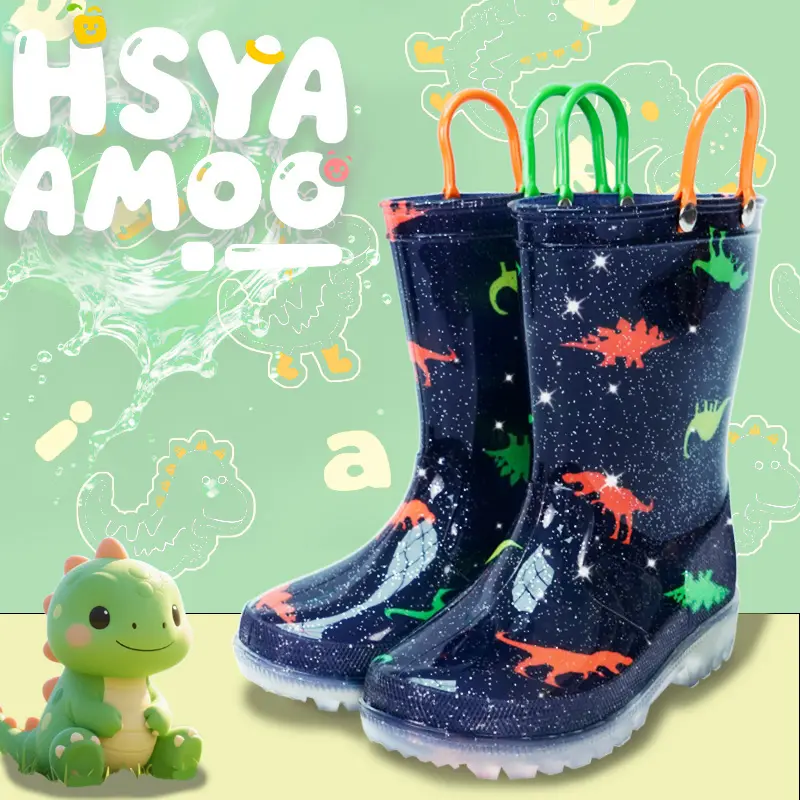 Kids' Dinosaur Rain Boots, Waterproof Non-Slip Footwear for Toddlers, Boys & Girls with Easy-On Handles, Rainboots For Toddlers