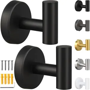2/4/8 Pack Towel Hooks, Robe Hook, Bathroom Coat Hook Wall Mounted, SUS304 Stainless Steel Bathroom Hooks, Towel Hook for Bedroom Kitchen Hotel Office(2 Pack Matte Black)