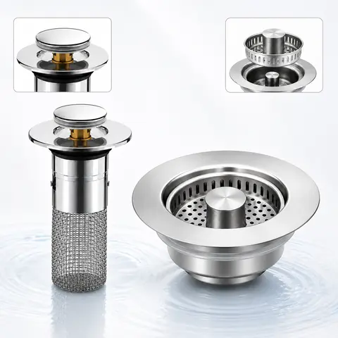 Upgraded 304 Stainless Steel 3-in-1 Basket Strainer Sink Stopper - Industrial Bathroom Accessory, Eco-Friendly Durable, Adjustable Mesh, Anti-Clogging Drainage Food Catcher for 0.8-1.3in Holes, Easy Installation (Great for Canteens, Restaurant-Size Use)