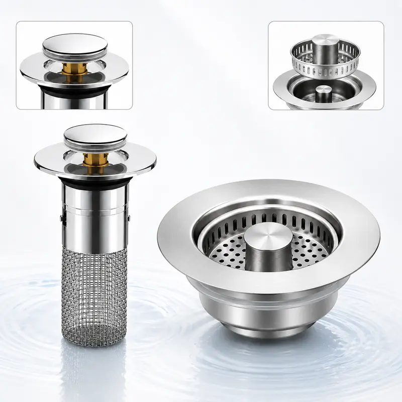 Upgraded 304 Stainless Steel 3-in-1 Basket Strainer Sink Stopper - Industrial Bathroom Accessory, Eco-Friendly Durable, Adjustable Mesh, Anti-Clogging Drainage Food Catcher for 0.8-1.3in Holes, Easy Installation (Great for Canteens, Restaurant-Size Use)