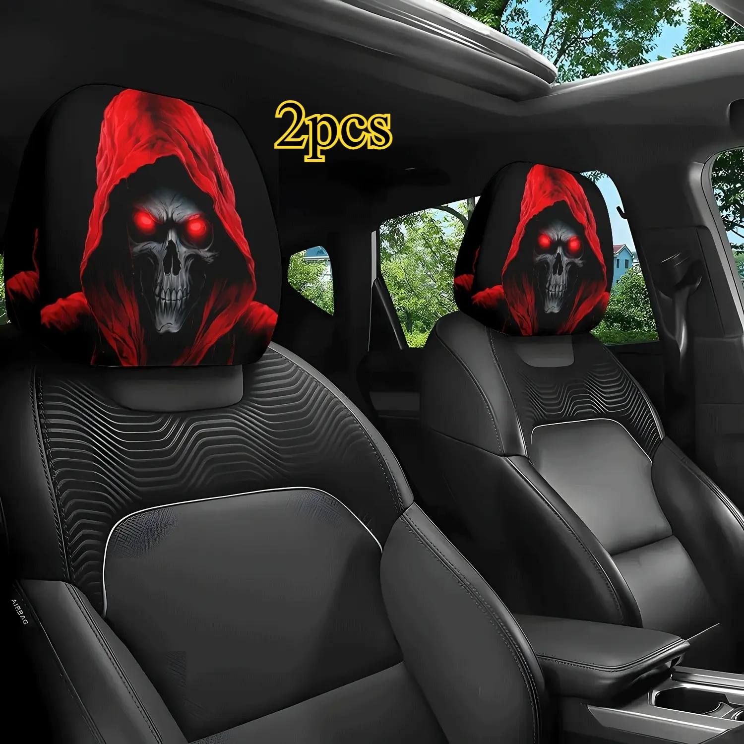 2-piece package, dark night skull red robe printed pattern car head pillowcase, car decoration, Car accessories, easy installation and cleaning, relieving driving fatigue, suitable for long-distance self-driving and couple dating scenes, Auto accessories