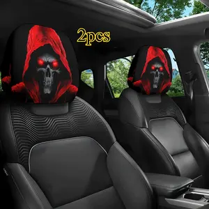 2-piece package, dark night skull red robe printed pattern car head pillowcase, car decoration, Car accessories, easy installation and cleaning, relieving driving fatigue, suitable for long-distance self-driving and couple dating scenes, Auto accessories