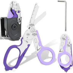 6 In 1 Emergency Shears, Stainless Steel Foldable Trauma Scissors with Compatible Holster, Outdoor Camping Rescue Tools, Ideal for EMTs, Nurses, and First Responders (Purple)