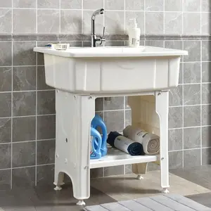 CNCEST Modern Freestanding Plastic Bathroom Laundry Sink Basin - Rotatable Faucet, Removable Washboard, Easy Installation for Home Use