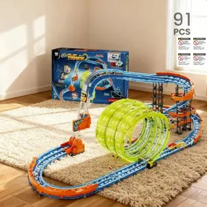 91 Piece Electric Flip Stunt Light Track Racing Set, Future Tech Style, Electromagnetic Drive, 360° Spiral Flip, Glow-In-The-Dark Lights, 3+ Years