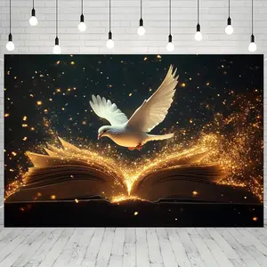Golden Pentecostal Holy Spirit Dove & Open Book Backdrop Banner 1pc Vibrant Glitter Design Durable Polyester Fabric Easy Hanging for Photo Booths Weddings Birthdays Holidays Indoor