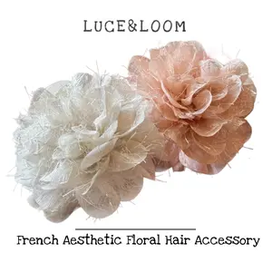 【LUCE&LOOM】Romantic Floral Hair Claw with Tulle & Feather Details | Volumizing Crown Hair Accessory for Women | Versatile for Half-Up | Side Braid & Low Ponytail Hairstyles