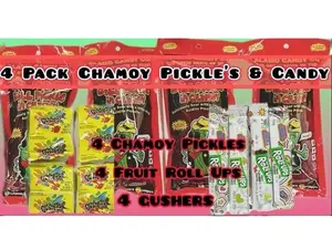 4 Chamoy Pickles, 4 Blue Razz Gushers or Regular Gushers, 4 Fruit Roll Ups Kit Snack Candy Sweet