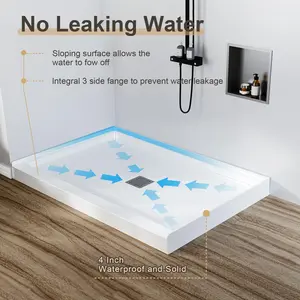 Garvee Non-Slip Rectangular Shower Pan 48x32x4 Inch with Center Drain, Durable Fiberglass Base, 304 Stainless Steel Square Drain Cover, Single Threshold, Three-Side Water Retaining, White Bathroom Upgrade
