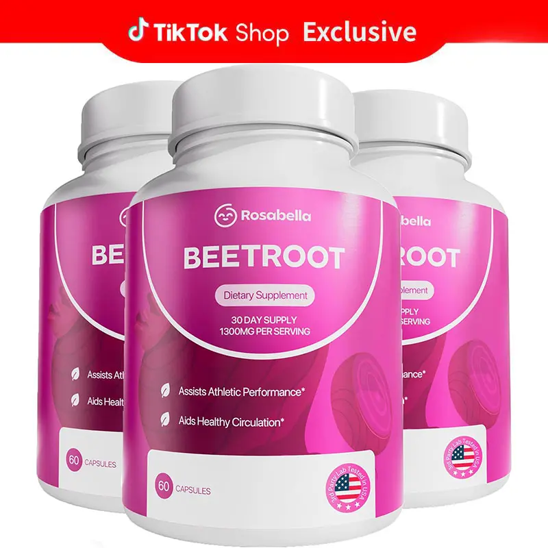 3 Bottles of Rosabella Organic Beetroot Capsules (1300mg) for Blood Flow & Heart Health