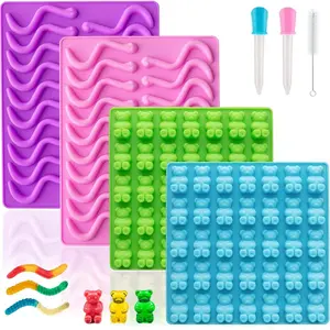 Large Gummy Bear and Worm Mold Silicone, Candy Gummy Molds for , Non-Stick Chocolate Molds BPA Free with 2 Droppers & 1 Cleaning Brush, Set of 4