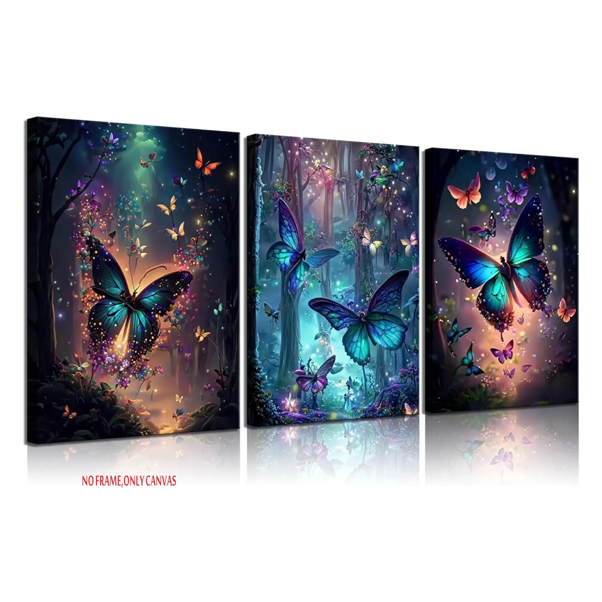 3-Piece Set, Butterfly Canvas Wall Art, Decorative Wall Art, Enchanted Magical Forest Butterfly Wall Decor, Butterfly Poster Print, Modern Art Print, Butterfly Pattern Design, Perfect for Home, Bathroom, Bedroom, and Living Room Decor, Frameless