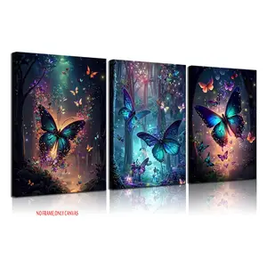 3-Piece Set, Butterfly Canvas Wall Art, Enchanted Magical Forest Butterfly Wall Decor, Butterfly Poster Print, Modern Art Print, Perfect for Home, Bathroom, Bedroom, and Living Room Decor, Frameless