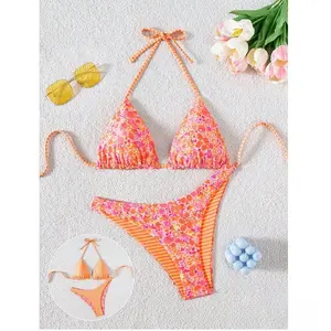 2026 Trendy Reversible Print Bikini Set for Women Two Piece Swimsuit Top and Bottom Matching Beach Vacation Outfit Summer Resort Wear Lightweight Quick Dry Fabric Stylish European Design