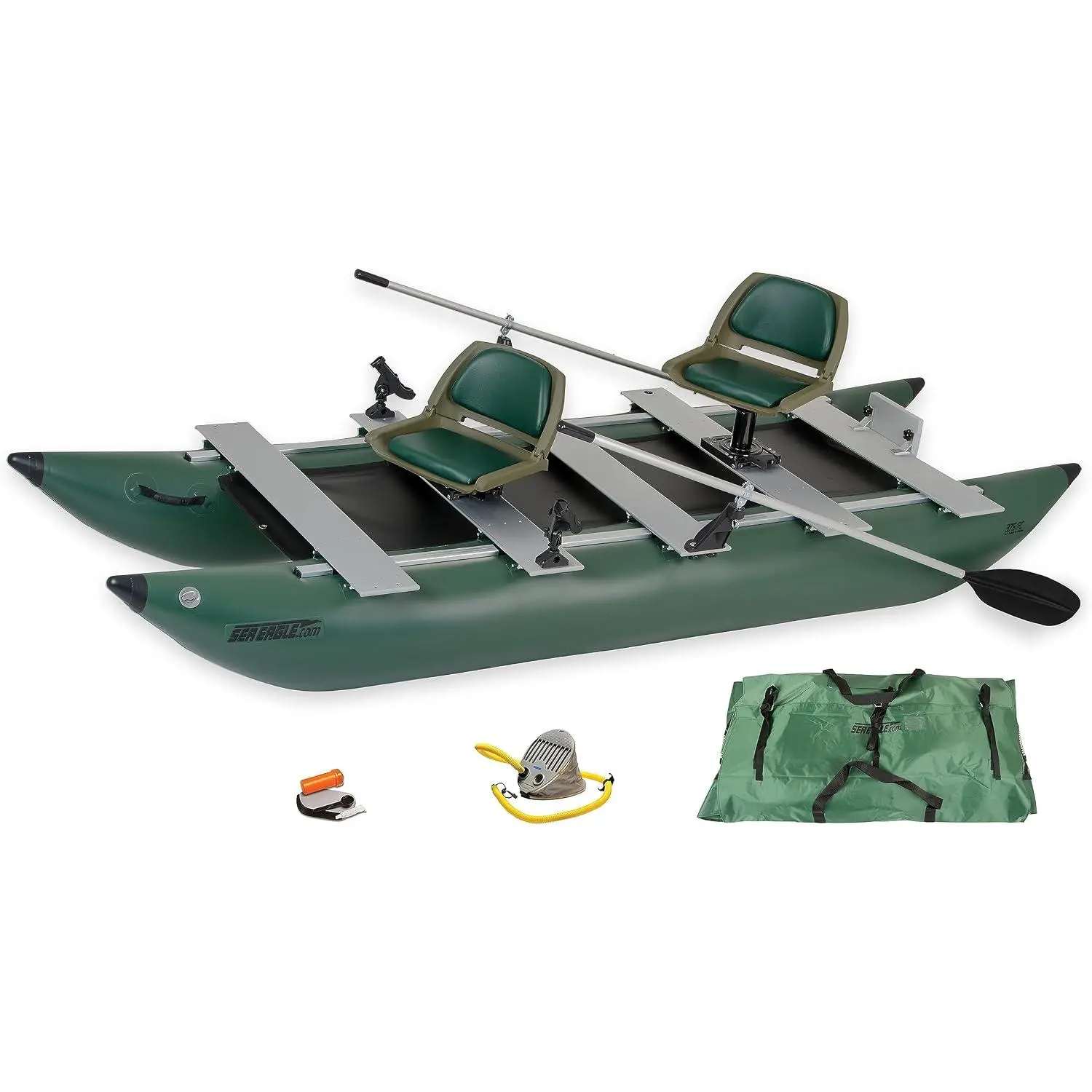Sea Eagle 375fc FoldCat 1-2-Persons Inflatable Fishing Pontoon Boat, Lightweight & Portable, w/2 Green Swivel Seats, Pedestal, Oar Set, Scotty Rod Holders, Boat Bag, & Pump