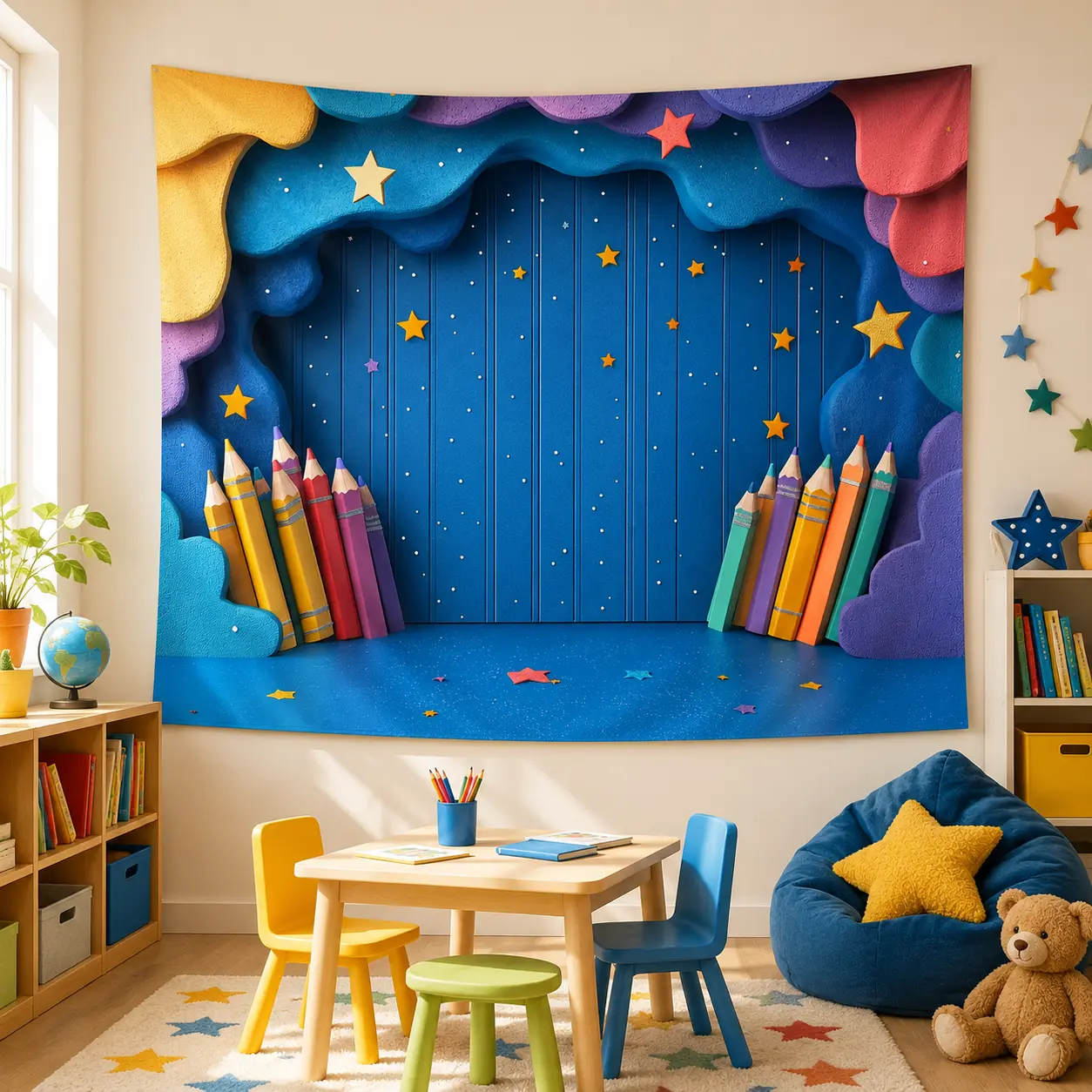Classroom Tapestry Wall Hanging, Colorful Reading Book Backdrop, Rainbow Pencil School Wall Decor for Kids Room Library Playroom Teacher Classroom Decoration