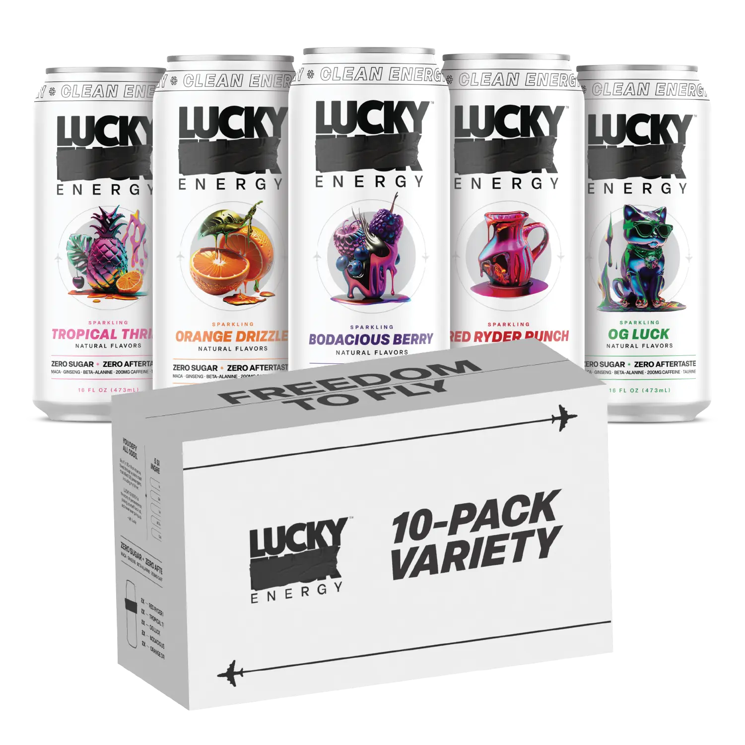 Lucky Energy Drink - Variety Pack - 16oz Cans - 200mg Caffeine with Maca, Ginseng, Beta Alanine & Taurine - 10-Pack Variety - Vegan & Gluten-Free - Clean Energy Drink