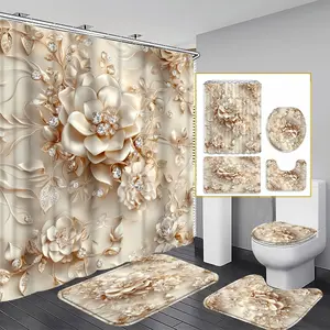 1/3/4PCS Luxurious Diamond Flower Shower Curtain Set, 71x71 Inches, Includes Background Pattern, Comes with 12 Hooks, 1/3/4pcs Options
