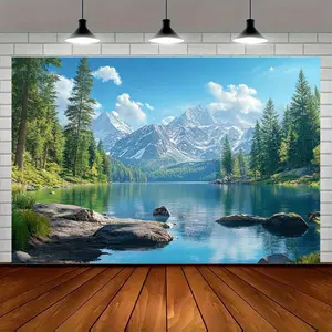 1pc Reusable 2D Flat Mountain Lake Landscape Photoshoot Backdrop Banner, Snowy Peaks-Pine Forest Design, Durable Polyester Fabric, No Electricity Needed, Party Decoration Supplies for Weddings, Birthdays, Photoshootbackdrop