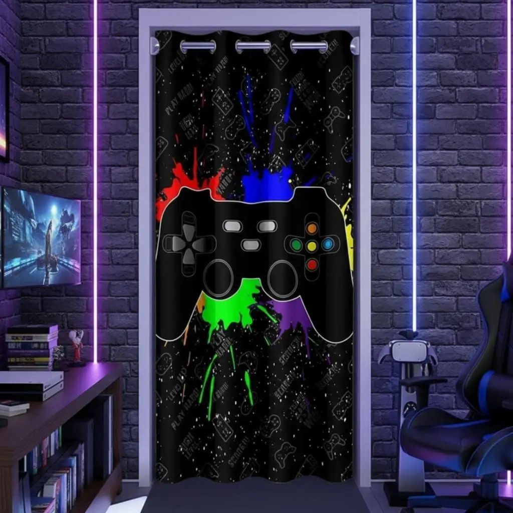 Gamepad Door Curtain,Watercolor Gaming Controller 30%-50% Blackout Curtain,Colorful Graffiti Modern Gamer Winter Insulated Thermal Doorway Curtain,Black
