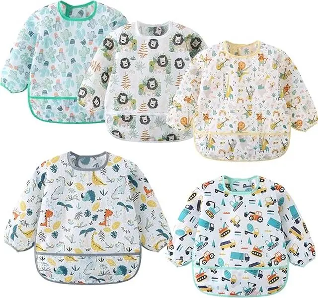 Halloween Fall Gift 5 Pack Long Sleeve Bib, Baby Toddler Waterproof Sleeved Bib for 6-30 Months Reusable with Catch-all Pocket