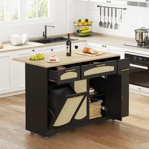 Garvee Kitchen Island Table on Wheels with Drop Leaf, Tilt Out Cabinet, Storage, Drawer, Spice Rack, and Kitchen Cart, 53.1" Wide, Black Finish for Versatile Kitchen Use