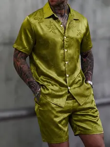 Men 2 piece sets - Men Olive Green Floral Shirt and Shorts Set for Beach Vacation Casual Style sweat shorts suits for men polo shirt beach outfits men's shorts for summer shirts for men graphic tees going out outfit men’s shirts summer summer outfits