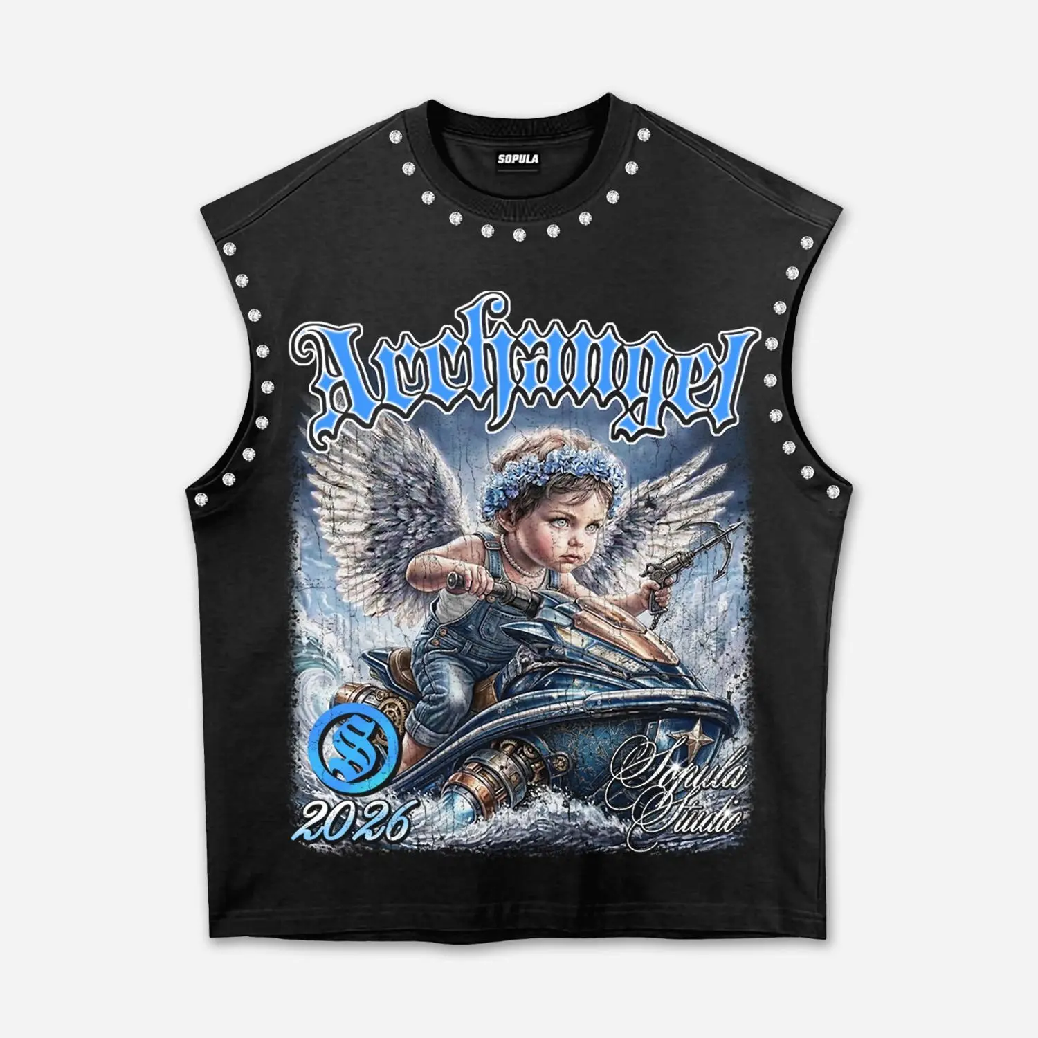 Sopula Studio Men's Archangel Battle Graphic Rhinestone Cotton Tank Top - Menswear Streetwear Singlet, Black Sleeveless Graphic Top Stylish Tank Tops