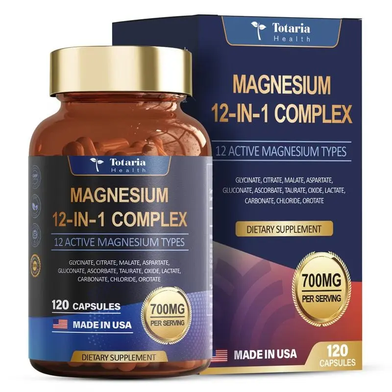 12-in-1 700mg Magnesium Complex Vegan Capsules - with Glycinate, Citrate, Malate, Oxide, Taurate, Aspartate, Orotate for Muscle and Heart Support, Prop 65 Safe