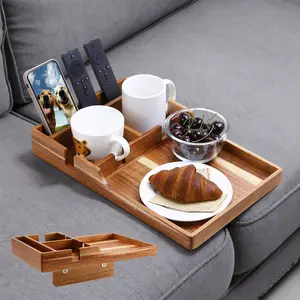 Nnewvante Stylish Rectangular Bamboo Couch Tray, 2-in-1 Insert & Flat Sofa Organizer with 2 Cup Holders, Fits Seat Gaps or Ottomans, for Snacks, Drinks, Remotes, 15.35x9.84-in Indoor Furniture Table Accessory