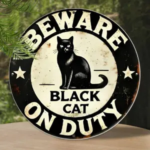 A vintage "Black Cat on Duty, Proceed with Caution" wall art decor - 20cm/8 "aluminium signage