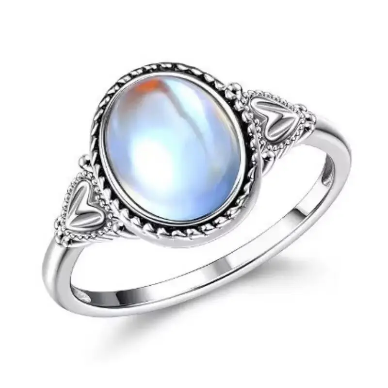 Women's Vintage Oval Moonstone Ring - Multicolor Rainbow Flash Cabochon Gemstone, Retro Filigree Closed Band, Hypoallergenic Bohemian Fine Jewelry, Daily Party Jewelry, Sizes 6-10, Gift for Special Events