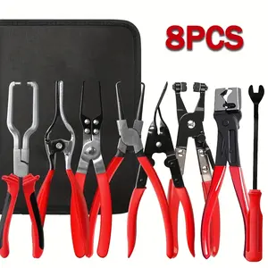 This 8-piece heavy-duty multi-functional professional fuel line removal tool set includes a relay puller, panel clip remover, filter clamps, pin tools, and electrical wire cutters. Suitable for automotive repair and home vehicle maintenance.