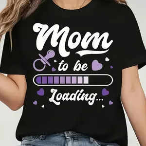 Women's Maternity Pregnancy T-Shirt - "Mom to Be" Lettering & Bump Announcement Short Sleeve Top, Stretch Round Neck Casual Spring Summer Blouse for Expecting Mothers Black CLL T-shirts-7463